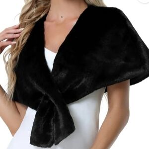 Black Faux Fur Wrap By Dana Coat/Jacket - Faux Fur Shaw
